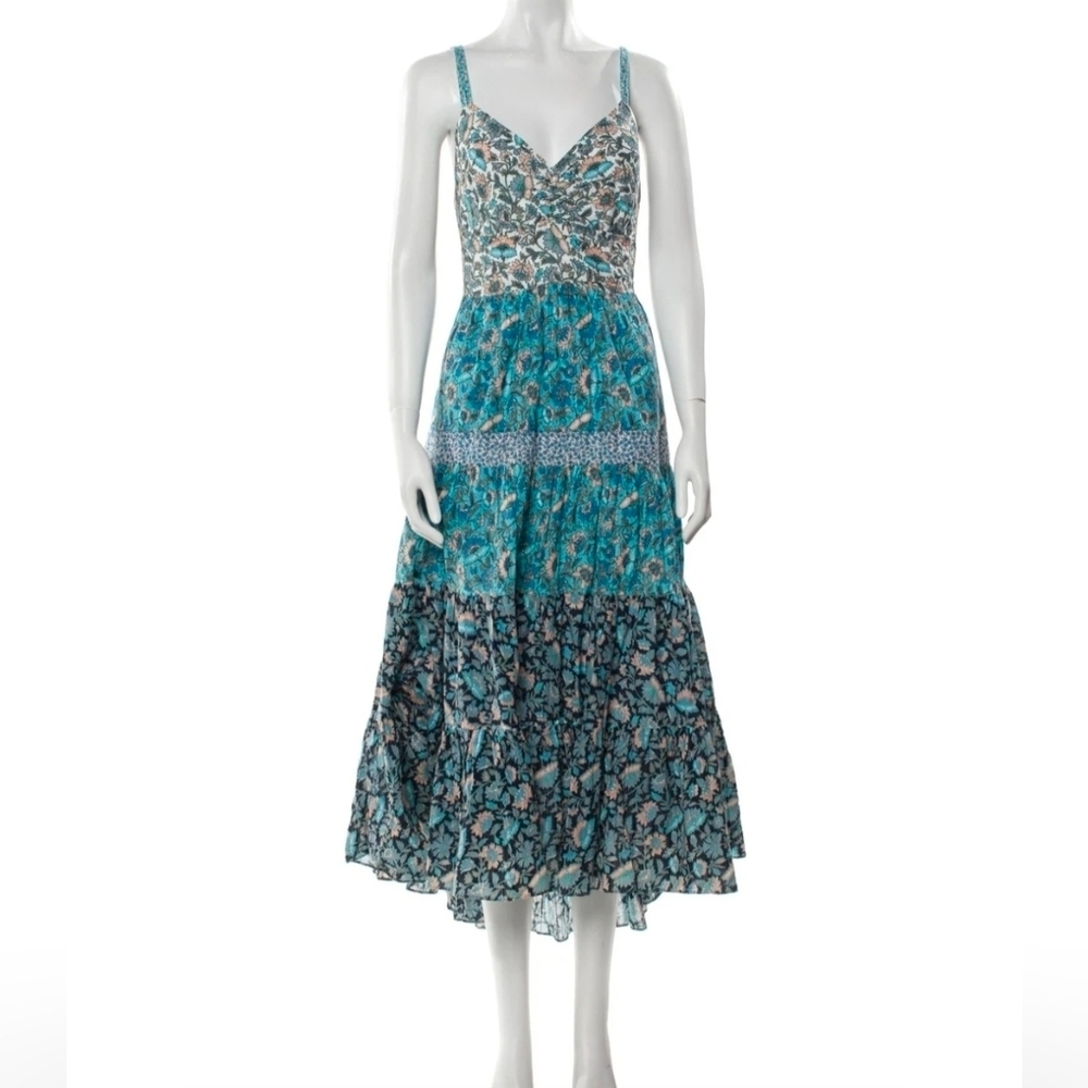 Rebecca Taylor La Vie Print Mix Floral Tie Back Boho Midi Dress In Blue Sz XL - Picture 5 of 12